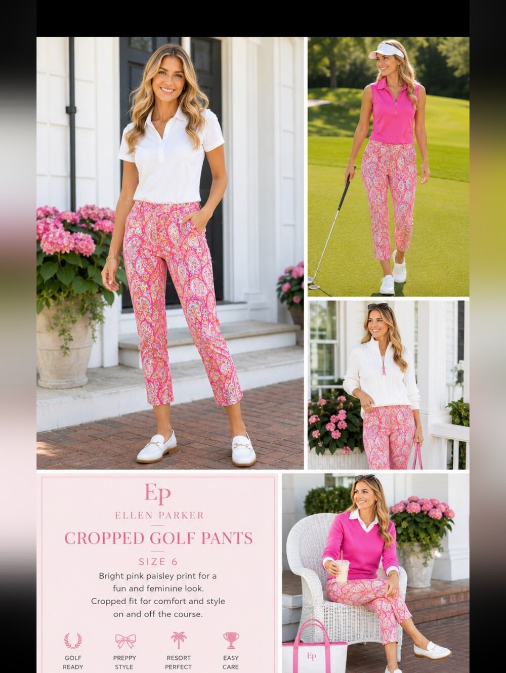 Ellen Parker Nright Pink Paisley Golf Cointry Club Preppy Cropped Pant Size 6